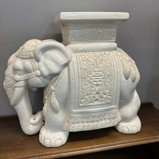 Vintage Style Glazed Cream Ceramic Elephant Plant Stand H45cm. (af)