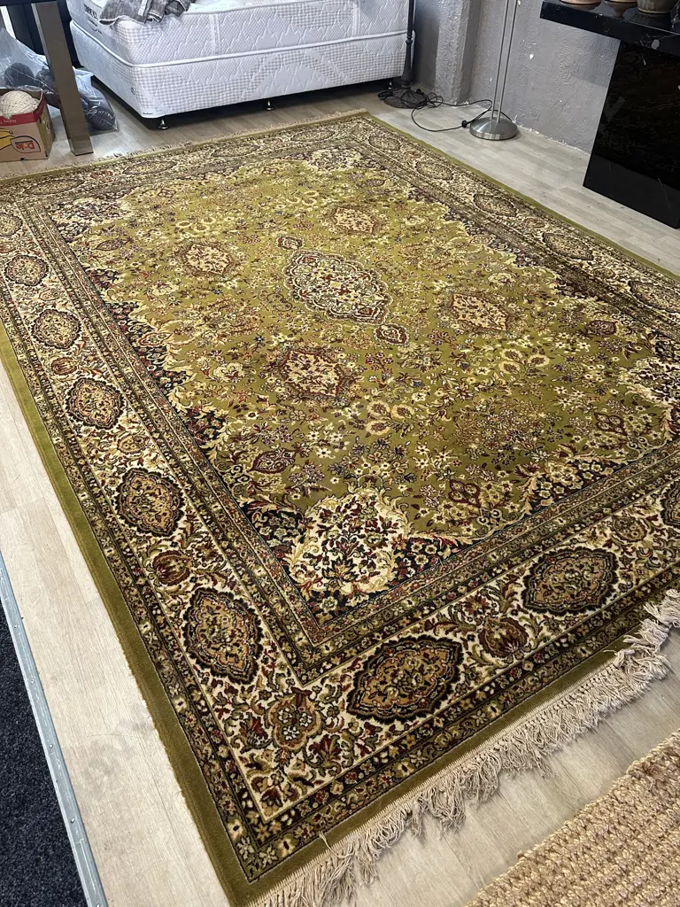 Large Woven Floor Rug Olive Green & Multi Coloured 360x252cm Image 1++