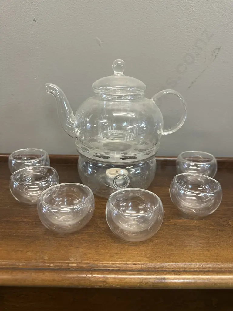 Clear Borosilicate Glass Teapot Set With Candle Warmer Base & Six Double Walled Teacups Image 1++