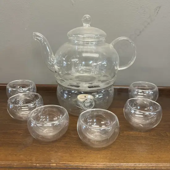 Clear Borosilicate Glass Teapot Set With Candle Warmer Base & Six Double Walled Teacups