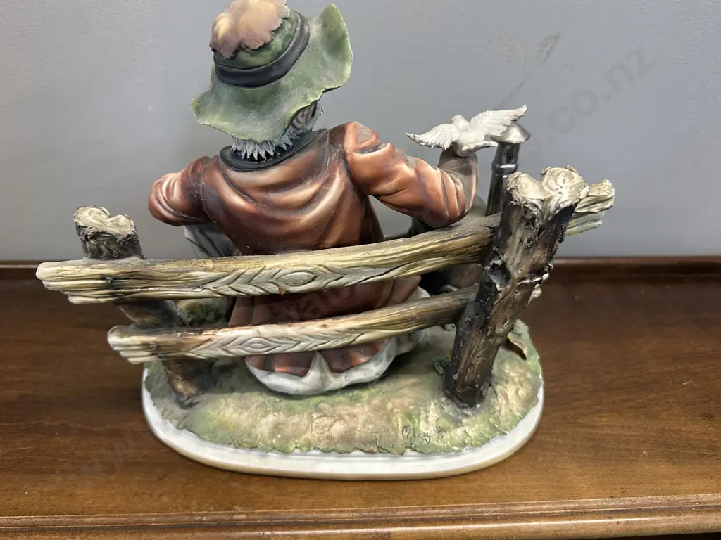 Vintage Signed Italian Capodimonte Porcelain Figurine Tramp Seated On Bench Feeding Bird H26 W31cm. Image 1++
