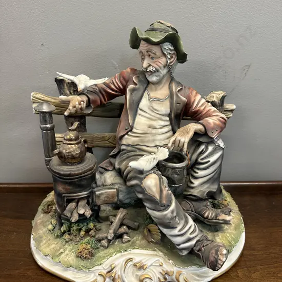 Vintage Signed Italian Capodimonte Porcelain Figurine Tramp Seated On Bench Feeding Bird H26 W31cm.