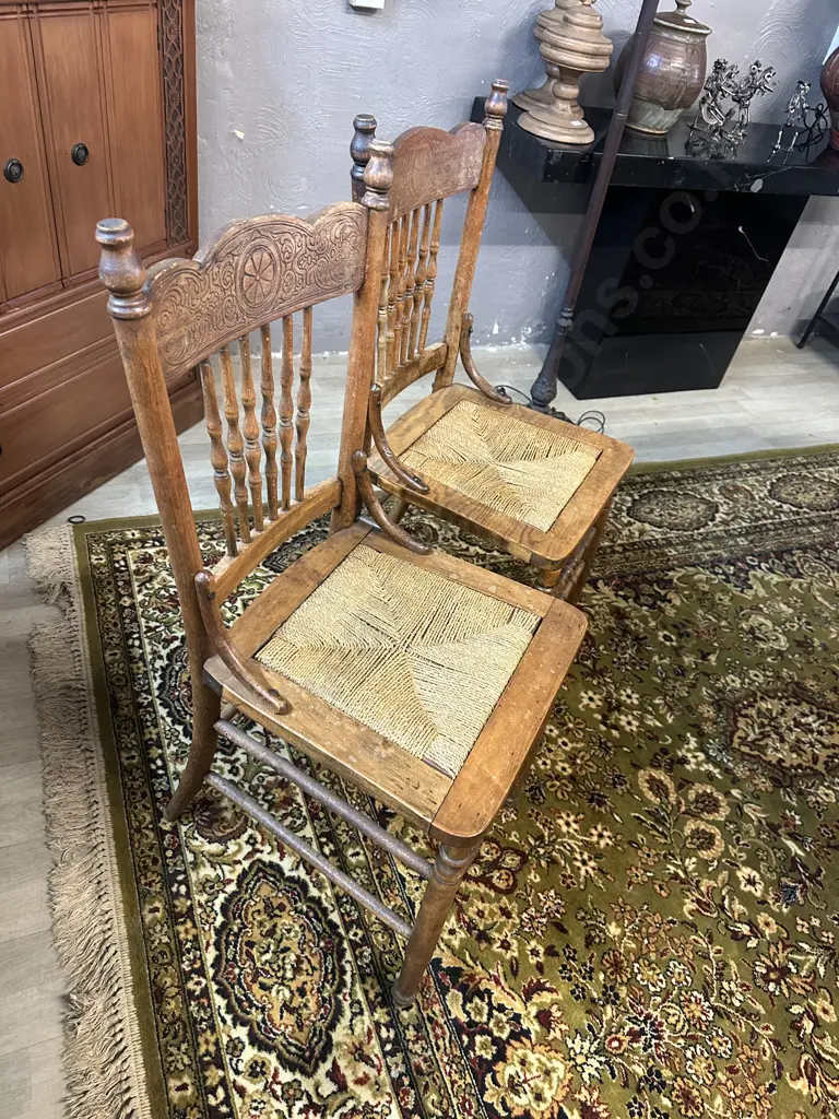 Pair of Antique Oak Pressed Back Spindle Back Chairs With Woven Rattan Seats Image 1++