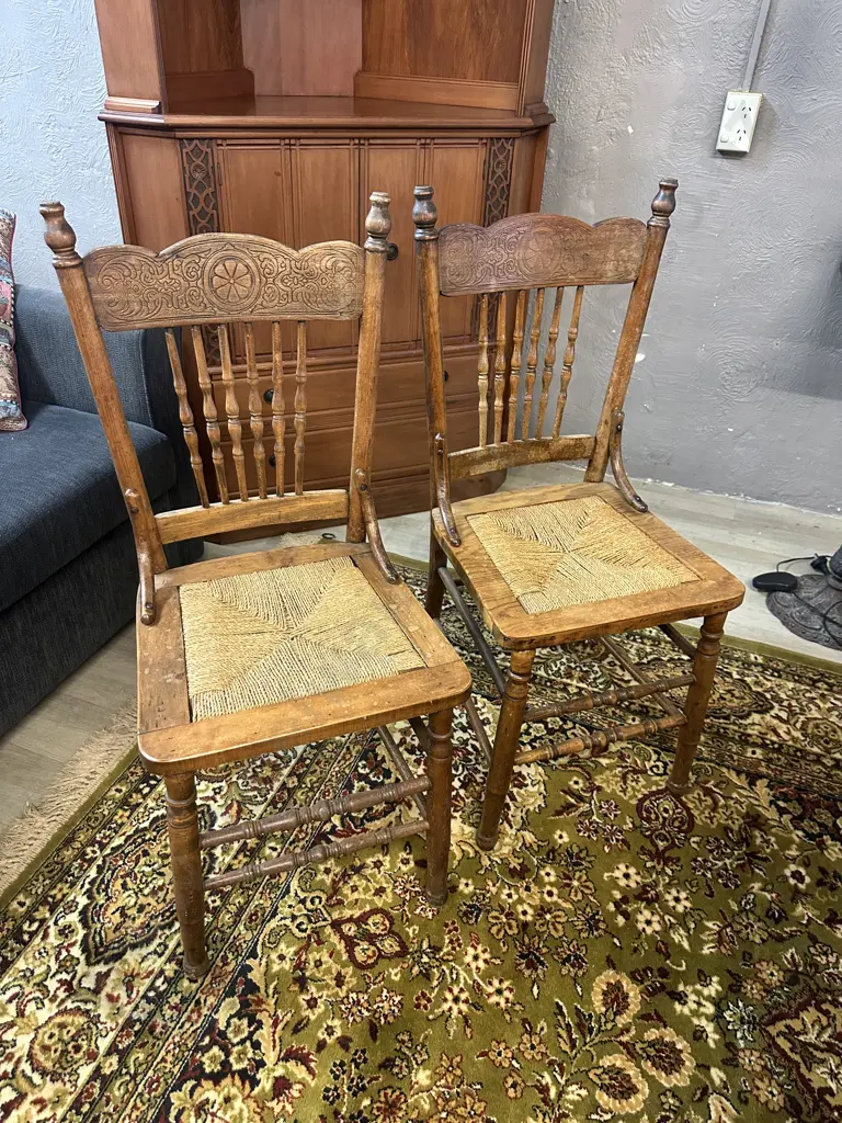 Pair of Antique Oak Pressed Back Spindle Back Chairs With Woven Rattan Seats Image 1++