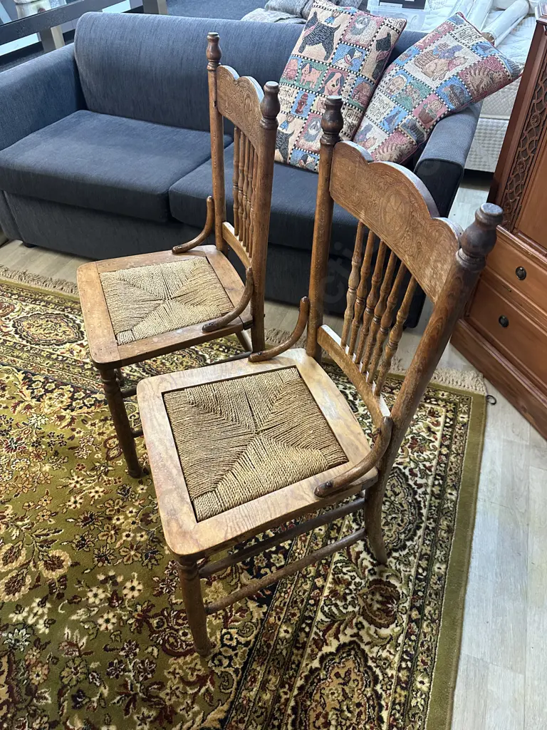Pair of Antique Oak Pressed Back Spindle Back Chairs With Woven Rattan Seats Image 1++