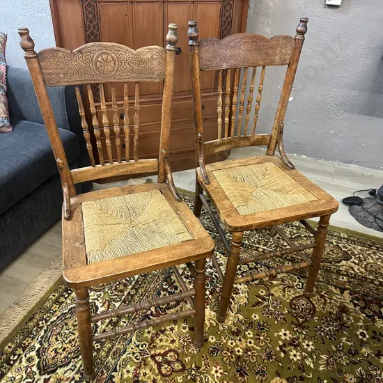 Pair of Antique Oak Pressed Back Spindle Back Chairs With Woven Rattan Seats