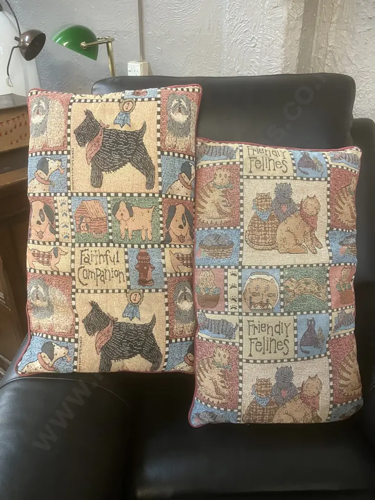 Pair of Feature Cushions - Friendly Felines & Faithful Companions. 58 x 36cm Image 1++