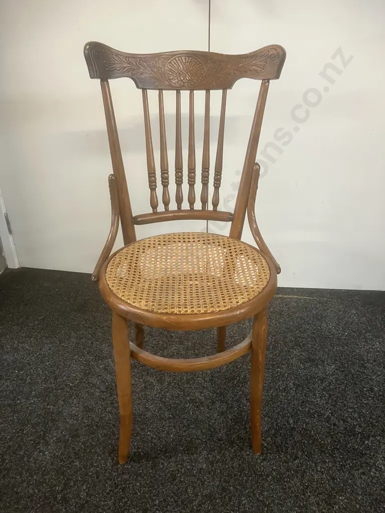 Antique Bentwood Chair with Carved Spindle Back, Caned Seat Image 1++