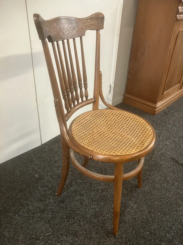 Antique Bentwood Chair with Carved Spindle Back, Caned Seat Image 1++