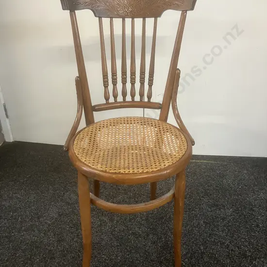 Antique Bentwood Chair with Carved Spindle Back, Caned Seat