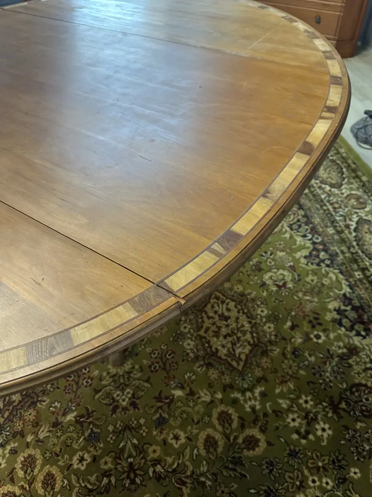 Dropleaf Oval Dining Table With Inlaid Marquetry Detail To Edge. H74 W154 D137cm Image 1++
