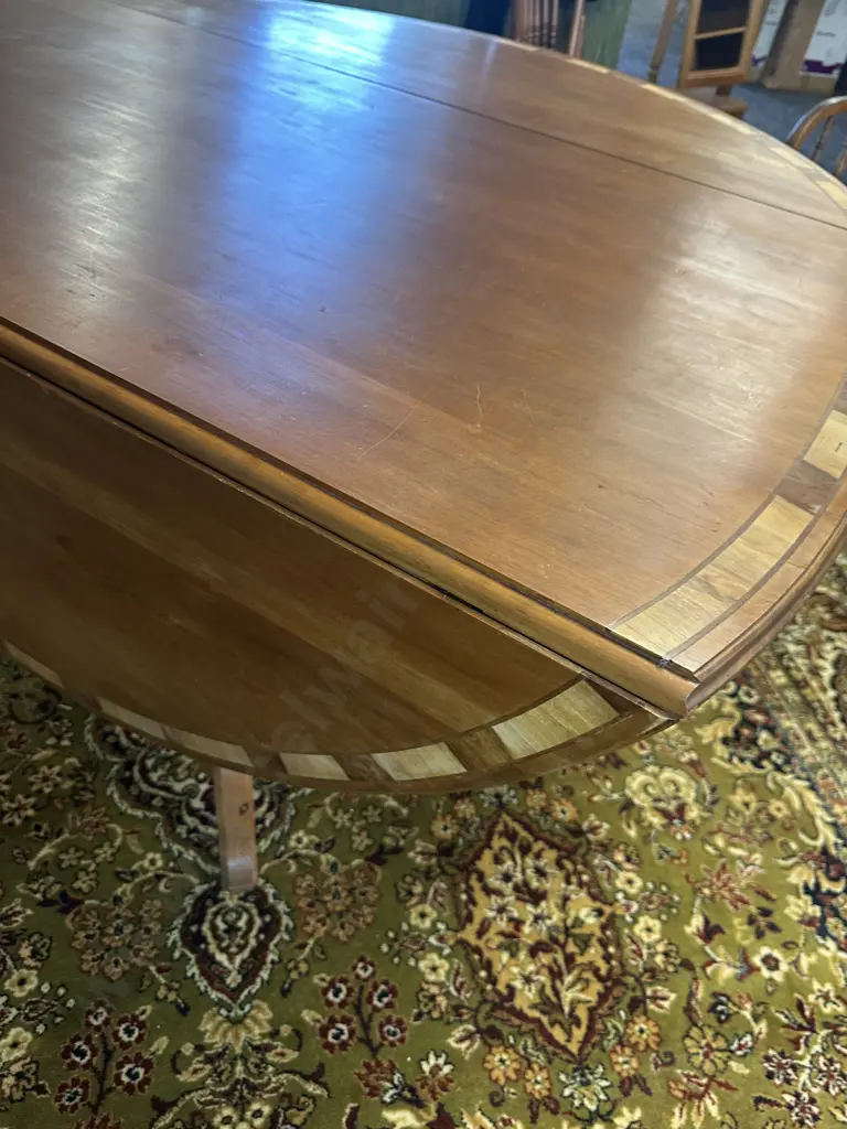 Dropleaf Oval Dining Table With Inlaid Marquetry Detail To Edge. H74 W154 D137cm Image 1++
