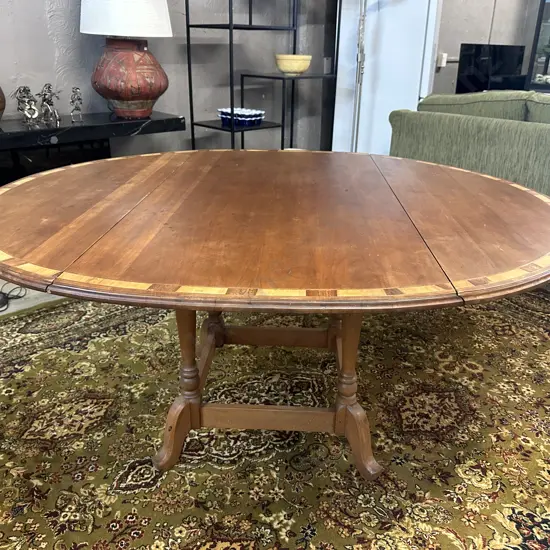 Dropleaf Oval Dining Table With Inlaid Marquetry Detail To Edge. H74 W154 D137cm
