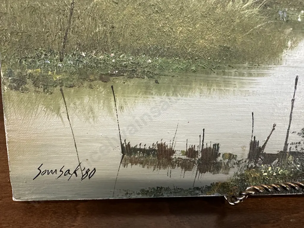 Vintage Landscape Painting On Canvas Signed Fishing On River 32x41cm. Image 1++