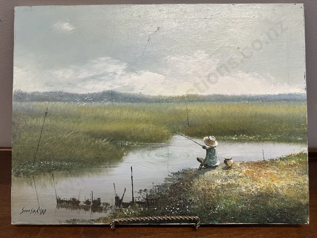 Vintage Landscape Painting On Canvas Signed Fishing On River 32x41cm. Image 1++