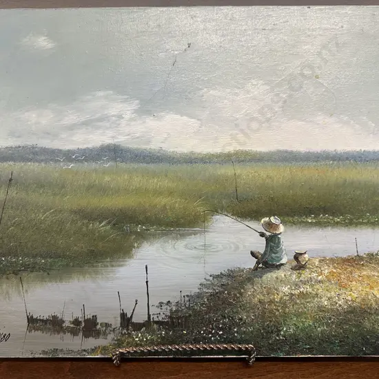 Vintage Landscape Painting On Canvas Signed Fishing On River 32x41cm.