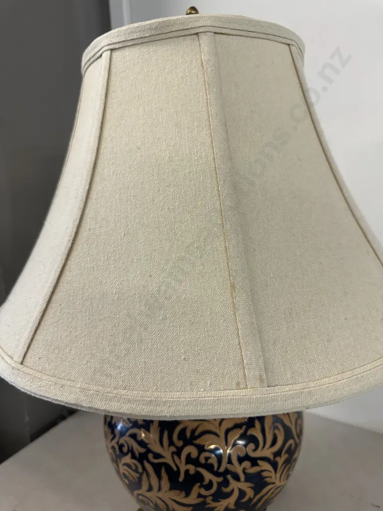 Vintage Black & Gold Scroll Pattern Porcelain Table Lamp With Ornate Brass Footed Base & Cream Light Shade H65cm. Image 1++