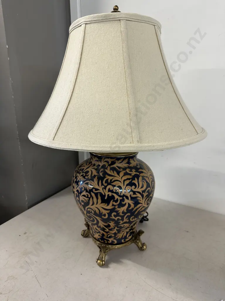 Vintage Black & Gold Scroll Pattern Porcelain Table Lamp With Ornate Brass Footed Base & Cream Light Shade H65cm. Image 1++