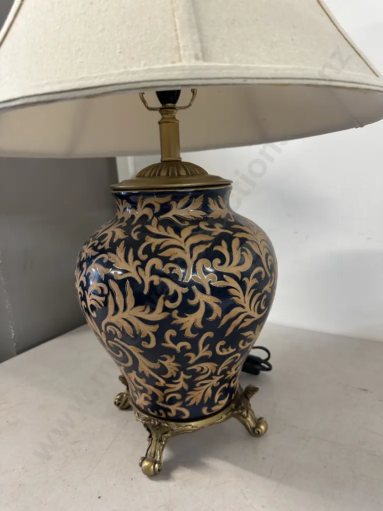 Vintage Black & Gold Scroll Pattern Porcelain Table Lamp With Ornate Brass Footed Base & Cream Light Shade H65cm. Image 1++