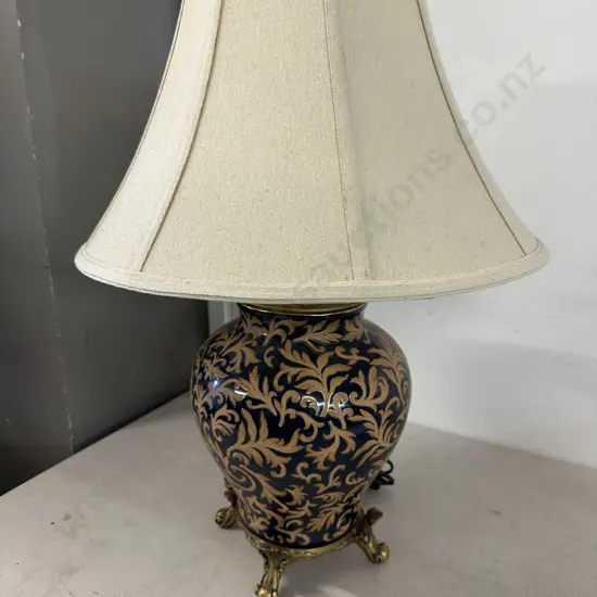 Vintage Black & Gold Scroll Pattern Porcelain Table Lamp With Ornate Brass Footed Base & Cream Light Shade H65cm.
