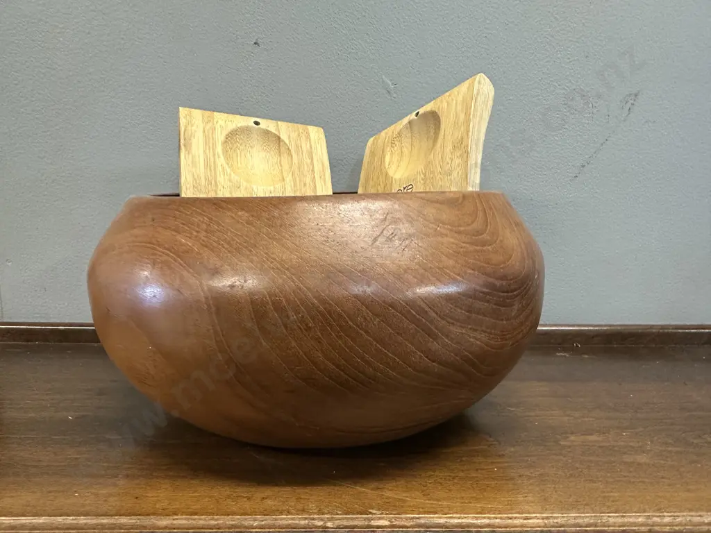 Large Wooden Bowl With Core Natural Bamboo Kitchen Salad Fingers Image 1++