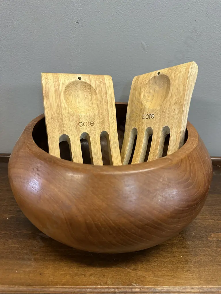 Large Wooden Bowl With Core Natural Bamboo Kitchen Salad Fingers Image 1++