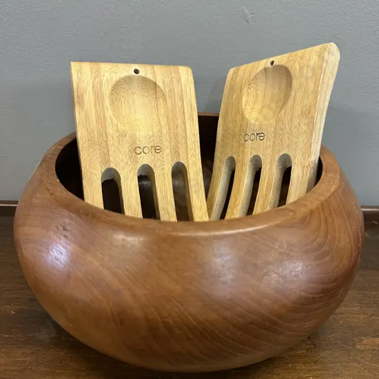 Large Wooden Bowl With Core Natural Bamboo Kitchen Salad Fingers