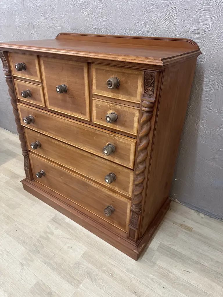 Kauri 8 Drawer Scotch Chest With Barley Twist Supports & Original Handles. H104 W105 D50cm Image 1++