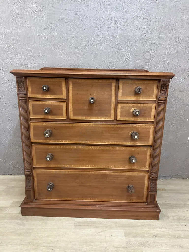 Kauri 8 Drawer Scotch Chest With Barley Twist Supports & Original Handles. H104 W105 D50cm Image 1++
