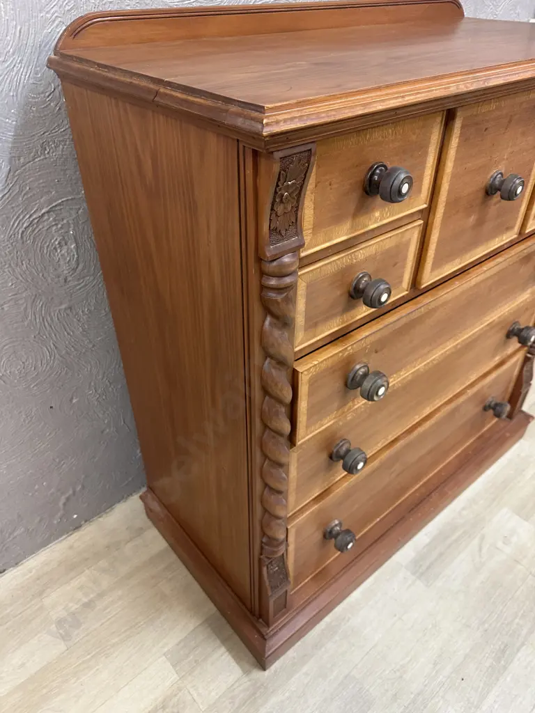 Kauri 8 Drawer Scotch Chest With Barley Twist Supports & Original Handles. H104 W105 D50cm Image 1++