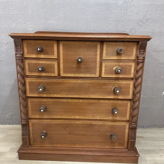 Kauri 8 Drawer Scotch Chest With Barley Twist Supports & Original Handles. H104 W105 D50cm