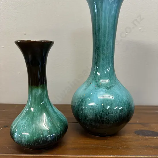 Vintage Blue Mountain Pottery Vases Green And Black Drip Glaze H15 & H22cm.