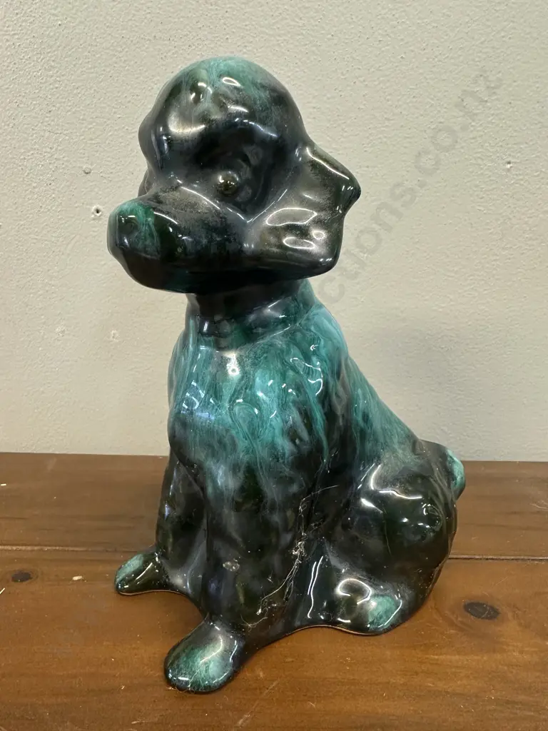 Vintage Blue Mountain Pottery Poodle Figurine Green & Black Glaze H19cm. Image 1++