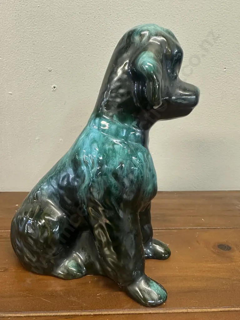 Vintage Blue Mountain Pottery Poodle Figurine Green & Black Glaze H19cm. Image 1++