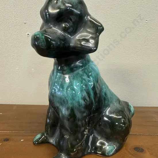 Vintage Blue Mountain Pottery Poodle Figurine Green & Black Glaze H19cm.