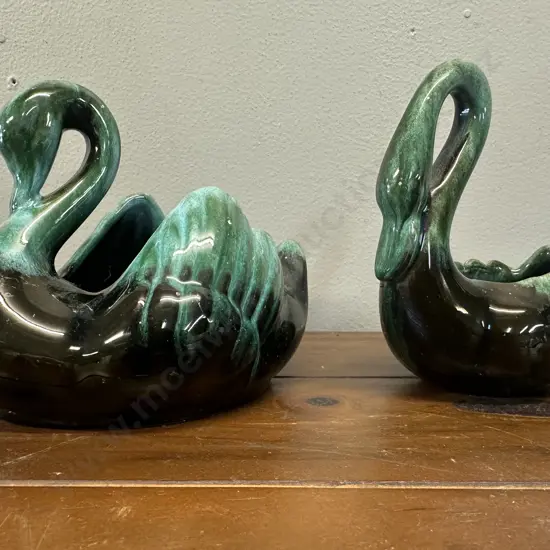 Vintage Blue Mountain Pottery Swan Planters x2 Green & Black Glaze