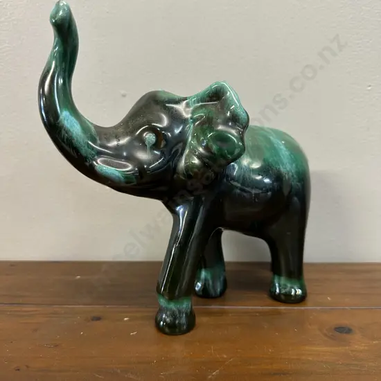 Vintage Blue Mountain Pottery Elephant Figurine Green & Black Glaze H20.5cm.