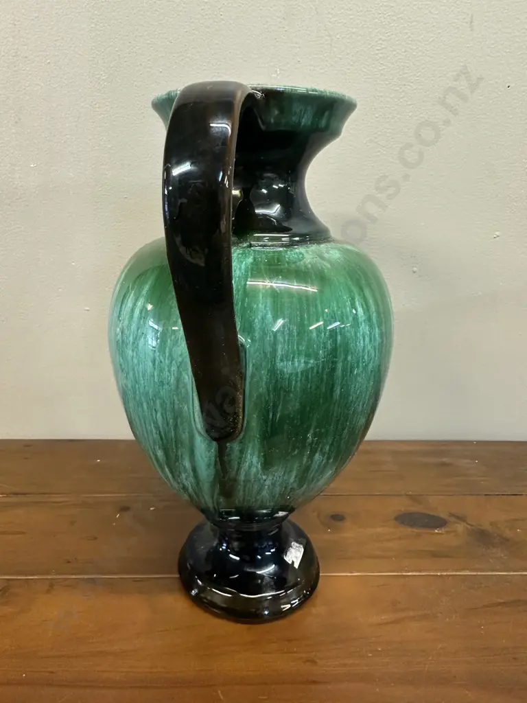 Vintage Blue Mountain Pottery Double Handled Urn Vase With Green & Black Drip Glaze H30cm. Image 1++