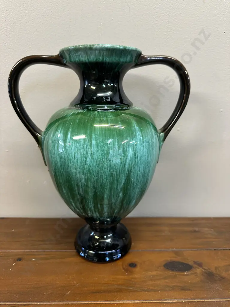 Vintage Blue Mountain Pottery Double Handled Urn Vase With Green & Black Drip Glaze H30cm. Image 1++