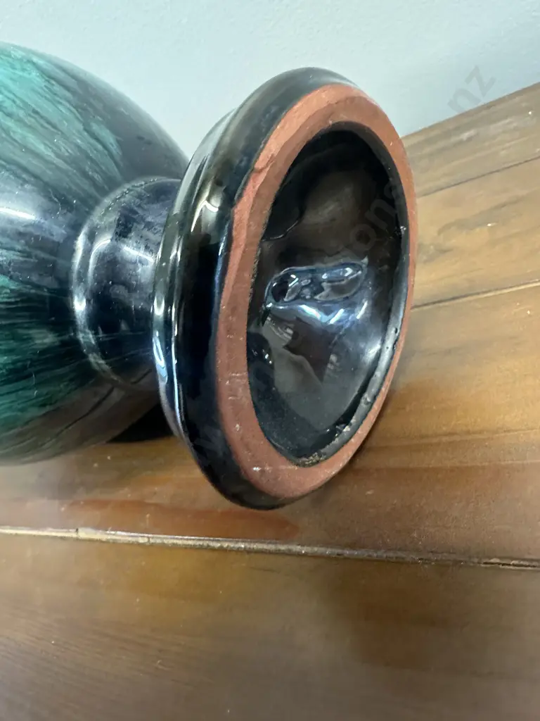 Vintage Blue Mountain Pottery Double Handled Urn Vase With Green & Black Drip Glaze H30cm. Image 1++