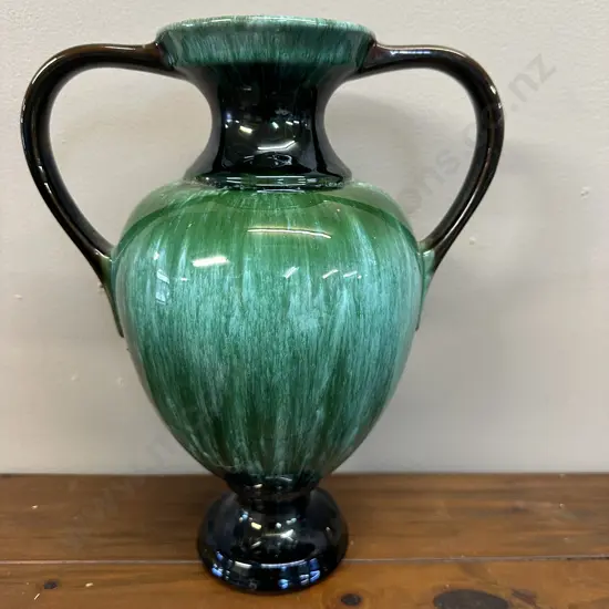 Vintage Blue Mountain Pottery Double Handled Urn Vase With Green & Black Drip Glaze H30cm.