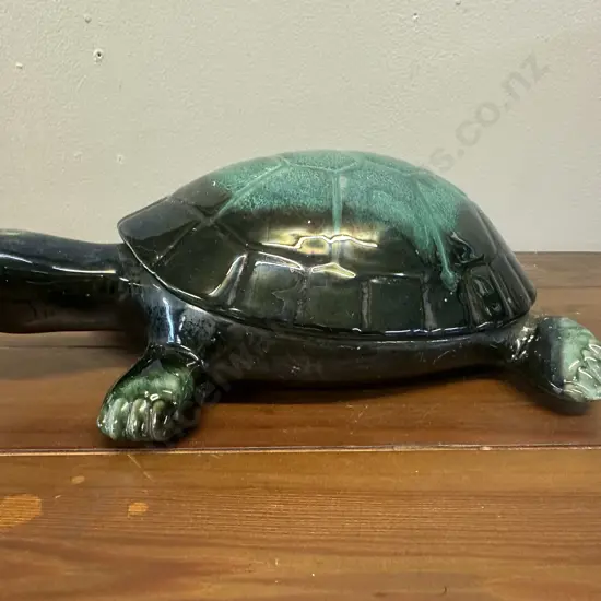 Vintage Blue Mountain Pottery Turtle Figurine Green & Black Glaze 31cm.
