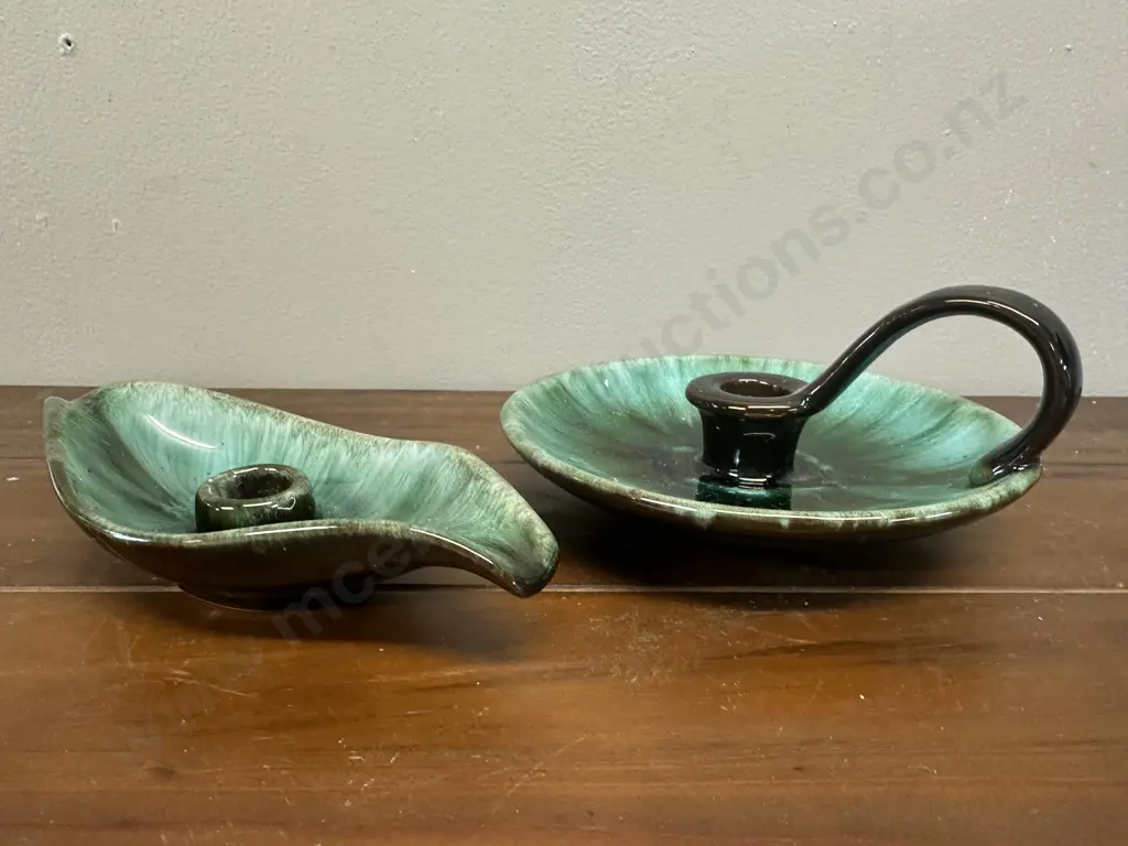 Vintage Blue Mountain Pottery Candle Stick Holders x2 Green & Black Glaze Image 1++