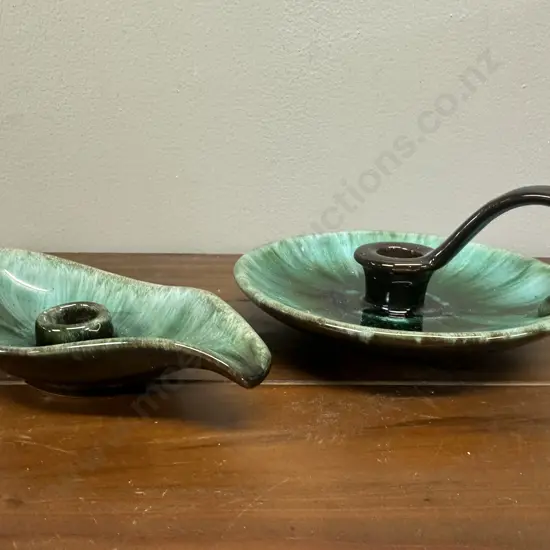 Vintage Blue Mountain Pottery Candle Stick Holders x2 Green & Black Glaze