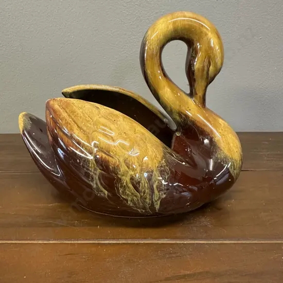 Vintage Blue Mountain Pottery Brown Yellow Mustard Glaze Swan Figurine  H16 W19cm.
