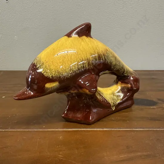 Vintage Blue Mountain Pottery Brown Yellow Mustard Glaze Dolphin Figurine H12 W19cm.