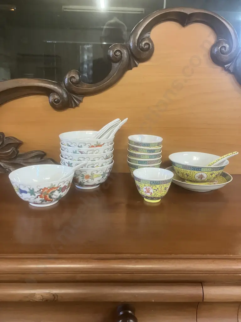 Vintage Chinese Rice Bowls And Spoons Set & Sauce Bowl Set Image 1++