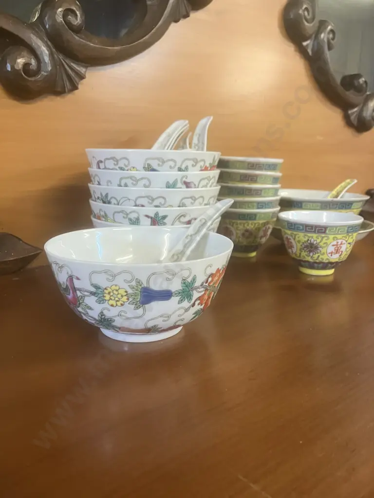 Vintage Chinese Rice Bowls And Spoons Set & Sauce Bowl Set Image 1++