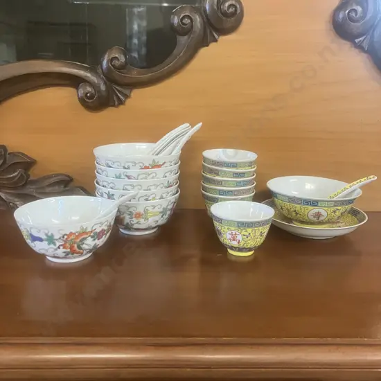 Vintage Chinese Rice Bowls And Spoons Set & Sauce Bowl Set