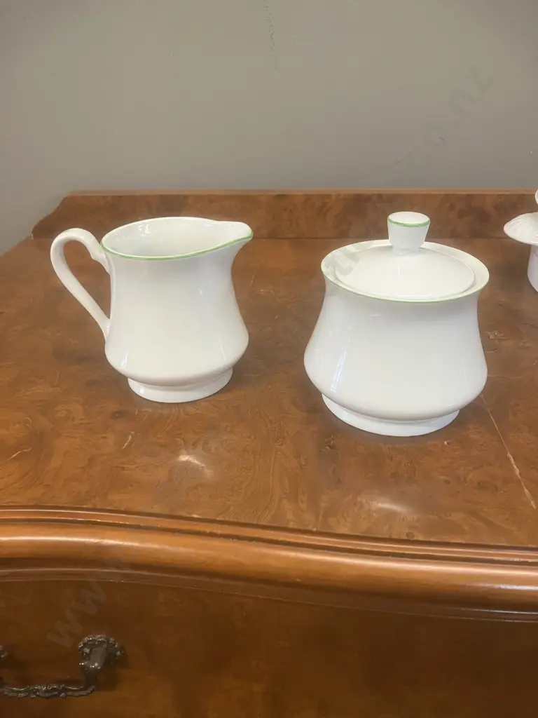Vintage Jade Lily by Shafford Fine Porcelain Covered Casserole, Creamer & Lidded Sugar Bowl - Japan 1950's Image 1++